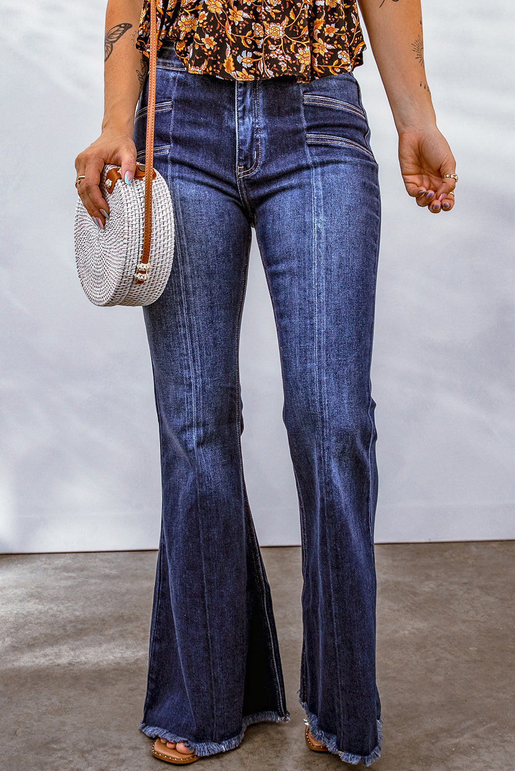 Blue Seamed Raw Hem Flare Jeans