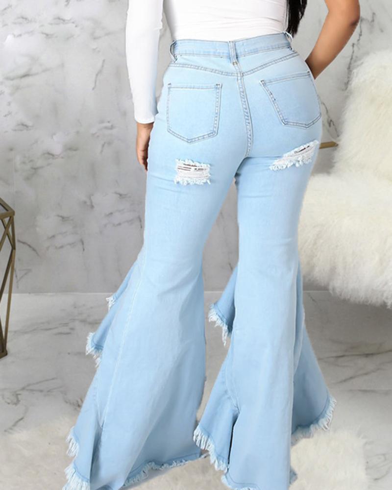 Ripped Raw Edge Ruffle Trim Flare Jeans