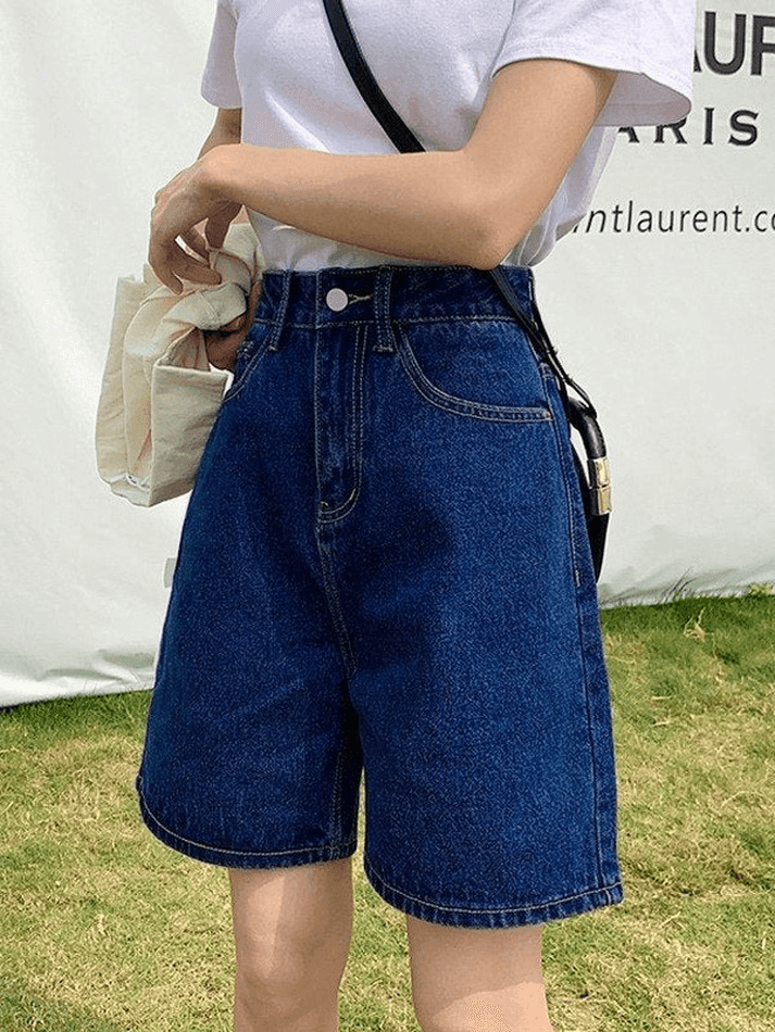 Blaue Retro-Jeansshorts mit hoher Taille und geradem Bein