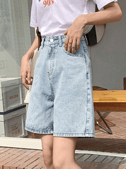 Blaue Retro-Jeansshorts mit hoher Taille und geradem Bein