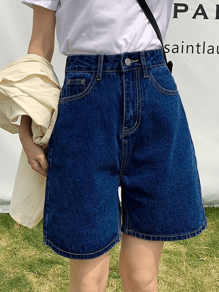 Blaue Retro-Jeansshorts mit hoher Taille und geradem Bein