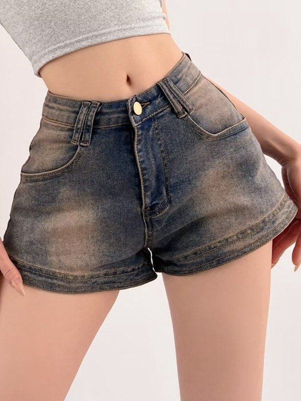 Blaue Vintage Distressed Denim Shorts mit Washed-Effekt