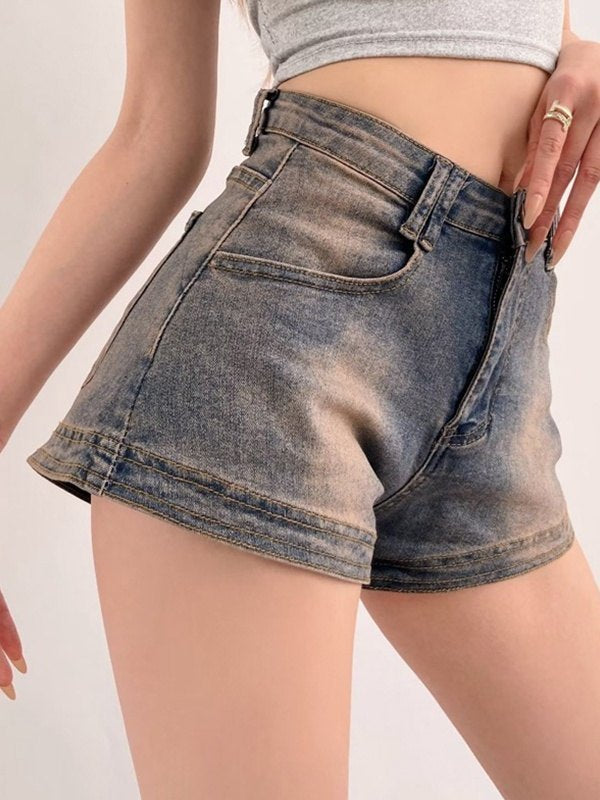 Blaue Vintage Distressed Denim Shorts mit Washed-Effekt