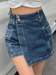 Blaue Vintage-Jeansshorts mit unregelmäßiger hoher Taille