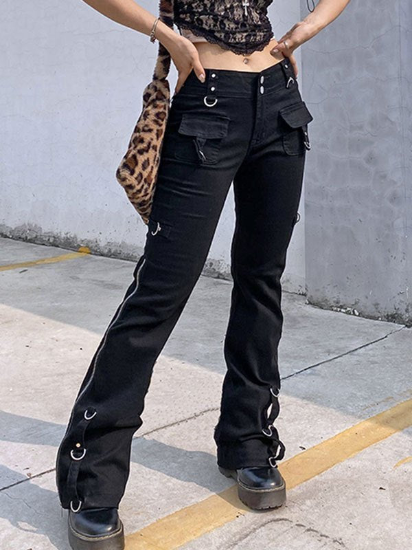 Flare Cargo Jeans mit niedriger Taille und Reißverschluss-Detail