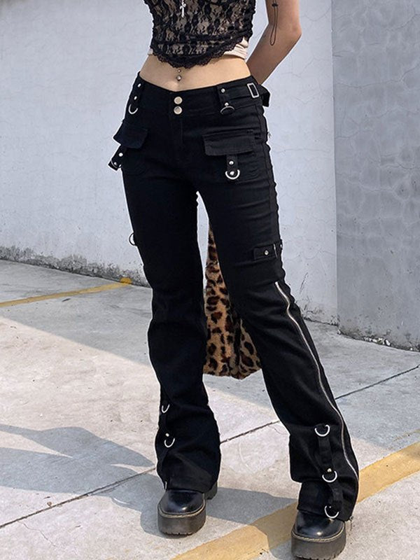Flare Cargo Jeans mit niedriger Taille und Reißverschluss-Detail