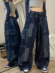 Blue Vintage Baggy Cargo Jeans with Checkered Pattern