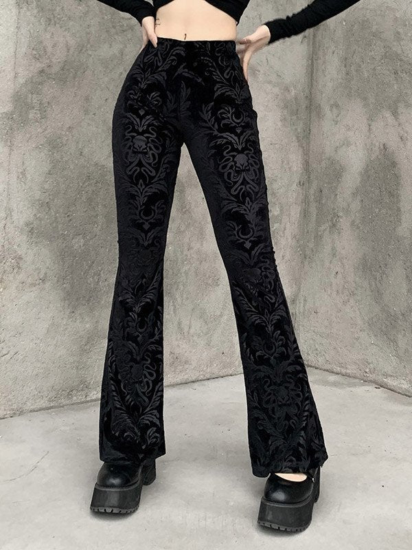 Black Vintage Embossed Velour Flare Pants