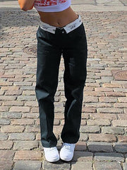 Dunkelblaue Hose mit geradem Bein und faltbarem Taillendesign