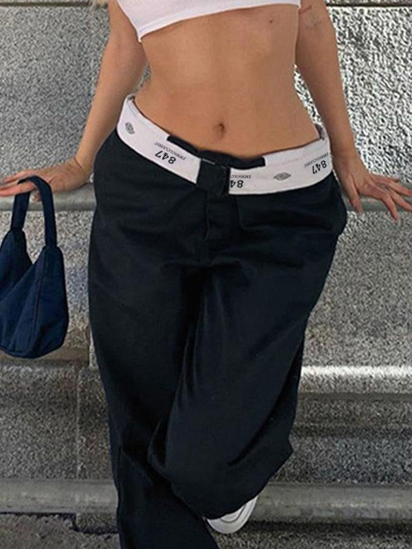 Dunkelblaue Hose mit geradem Bein und faltbarem Taillendesign