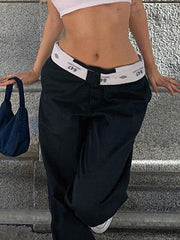 Dunkelblaue Hose mit geradem Bein und faltbarem Taillendesign