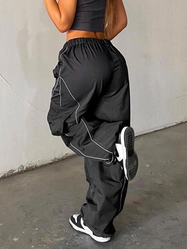 Black Parachute Pants with Cargo Pockets and Piping Detail