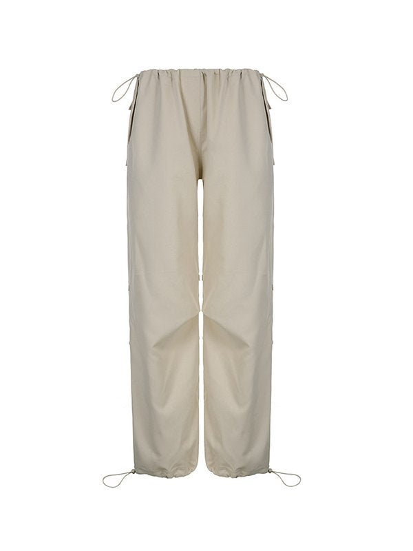 Beige Baggy Parachute Cargohose mit Kordelzug