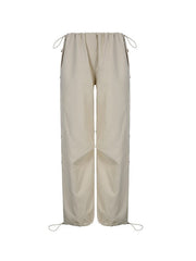 Beige Baggy Parachute Cargo Pants with Drawstring