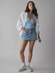 Double-Button High-Waisted Denim Skirt