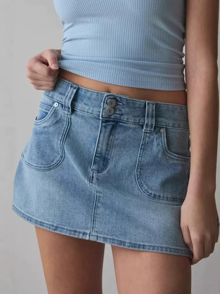 Double-Button High-Waisted Denim Skirt