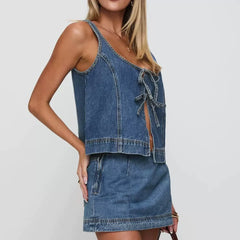 Sleeveless Vest Denim Skirt Set