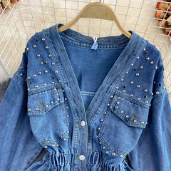 Beaded V-Neck Denim Jacket