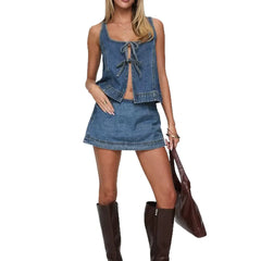 Sleeveless Vest Denim Skirt Set