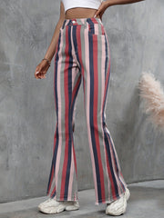 Multicolor Striped Raw Hem Flared Bottom Denim Pants