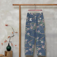 Chic Navy Pockets Floral Patchwork Denim Pants Fall