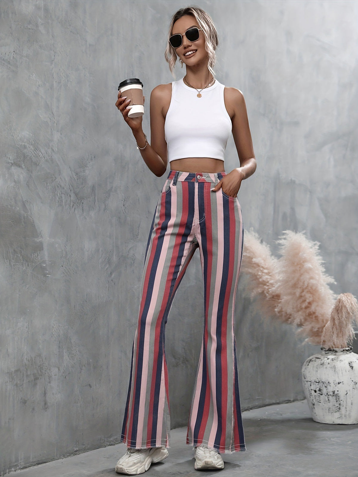 Multicolor Striped Raw Hem Flared Bottom Denim Pants