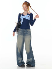 Retro Wide-Leg Bow Tie Denim Pants