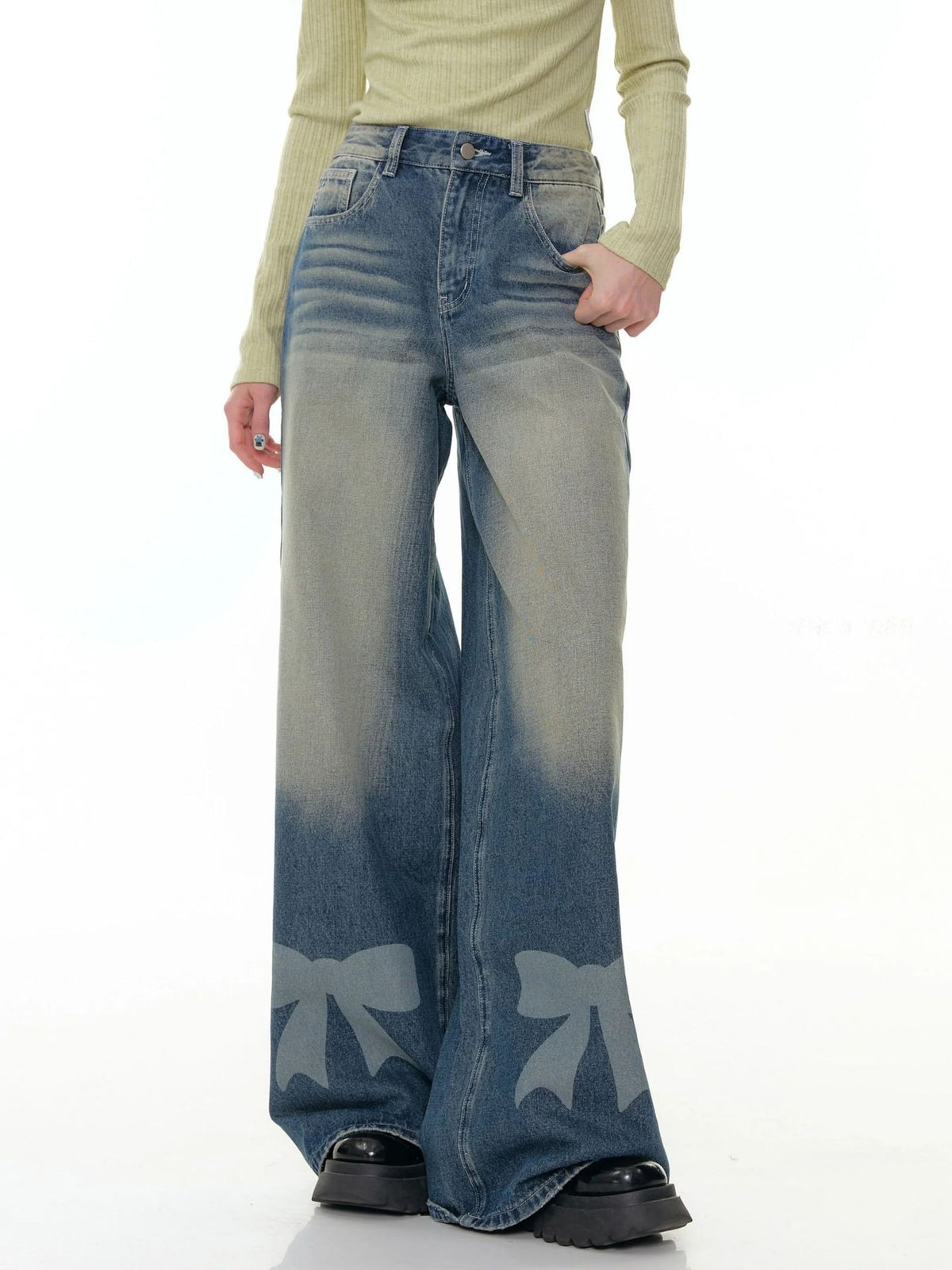 Retro Wide-Leg Bow Tie Denim Pants