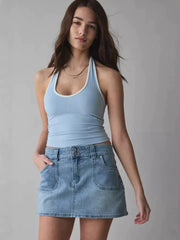 Double-Button High-Waisted Denim Skirt