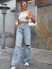Kancan Jeans mit Knopfleiste und geradem Bein, Used-Look, ungesäumtem Saum