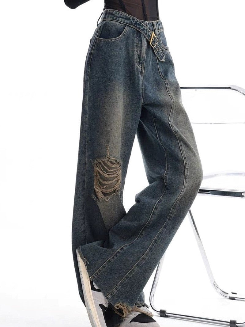 Vintage Washed Baggy Boyfriend Jeans with Buckle and Ribbed Details