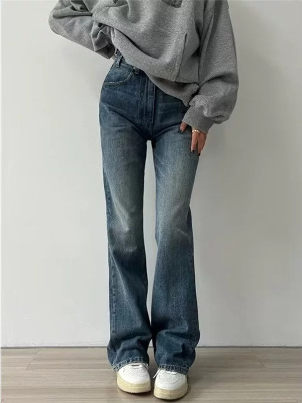 Blaue Vintage Vielseitige Slim Flare Jeans mit hoher Taille