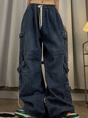 Blue Punk Baggy Cargo Jeans with Washed Effect