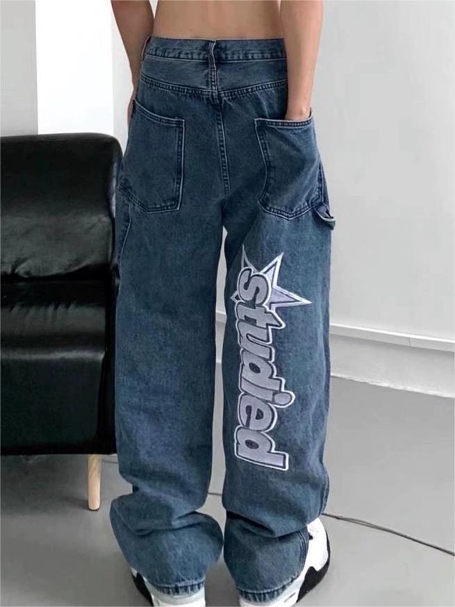 Hip Hop Baggy Jeans mit geradem Bein und Slogan