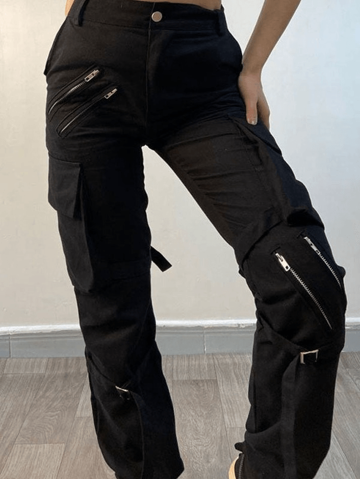 Pantalones cargo negros de estilo hip hop con detalle de tiras y cremallera