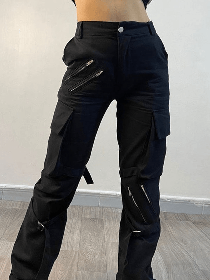 Pantalones cargo negros de estilo hip hop con detalle de tiras y cremallera