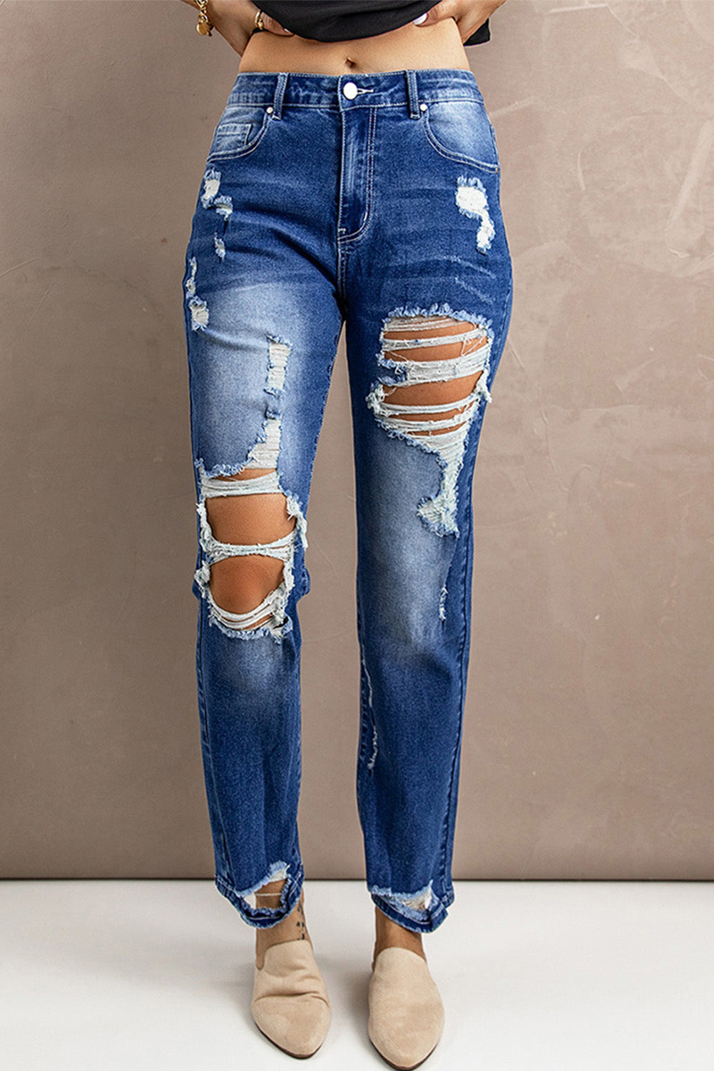 Baeful – Distressed-High-Rise-Jeans mit Taschen