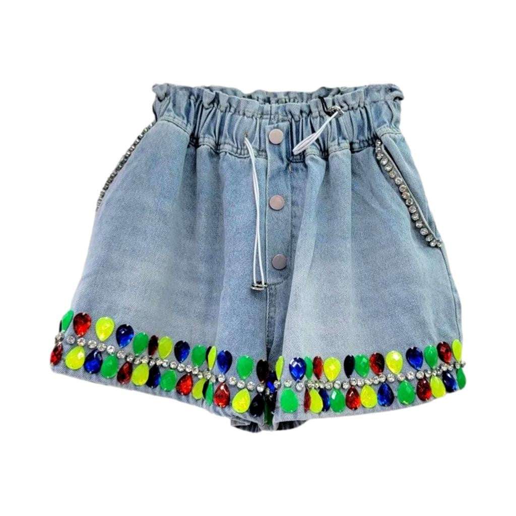 Bunte Jeansshorts mit Kristallsaum