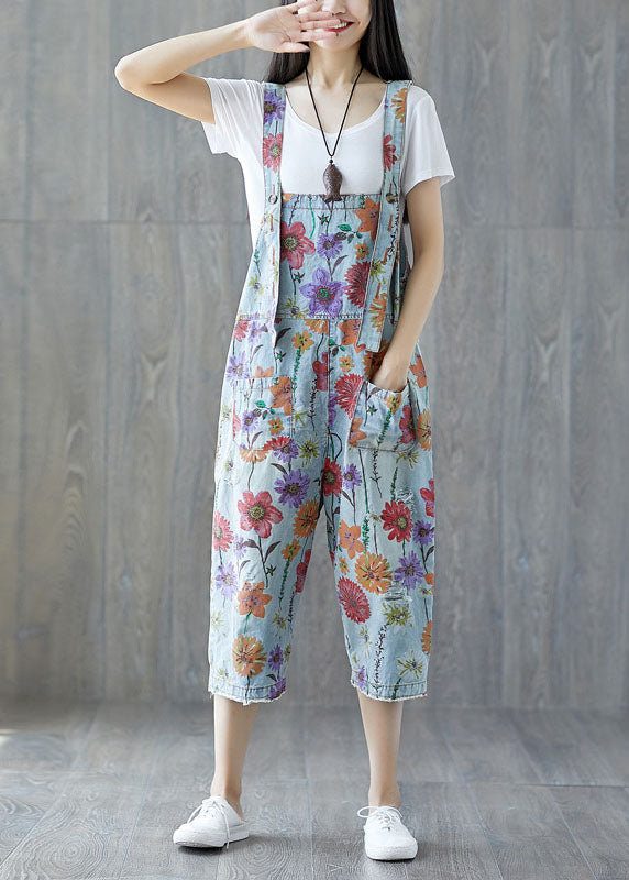 Classy light Blue pockets Floral Denim Jumpsuit