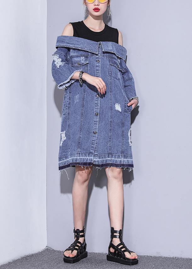 100% denim blue Cotton Long Shirts Slash neck oversized Dresses