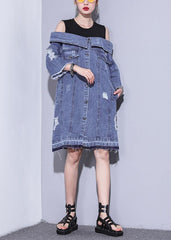 100% denim blue Cotton Long Shirts Slash neck oversized Dresses