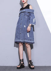 100% denim blue Cotton Long Shirts Slash neck oversized Dresses