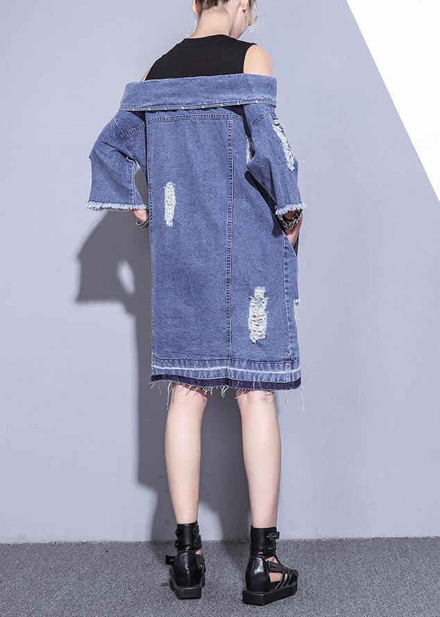 100% denim blue Cotton Long Shirts Slash neck oversized Dresses