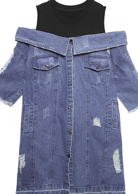 Camisas largas 100% algodón azul denim Vestidos oversize con cuello ojal