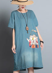 100% denim blue print dresses o neck pockets A Line Dress