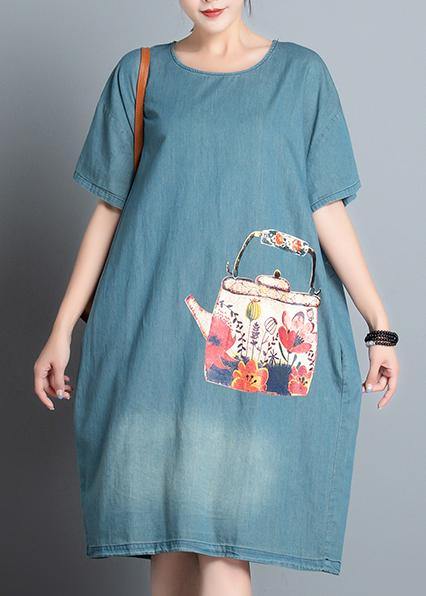 100% denim blue print dresses o neck pockets A Line Dress