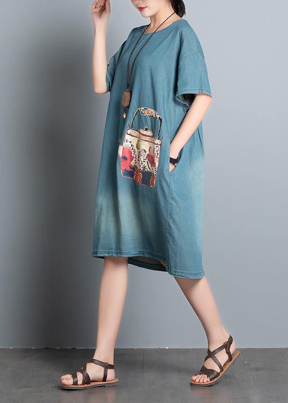 100% denim blue print dresses o neck pockets A Line Dress