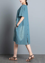 100% denim blue print dresses o neck pockets A Line Dress