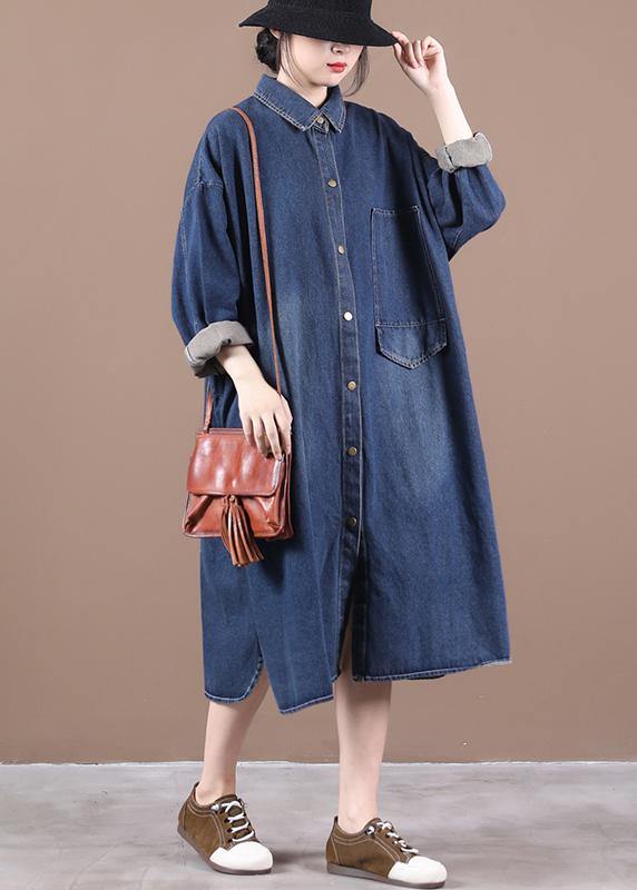 100% lapel patchwork outfit Ideas denim blue long Dress