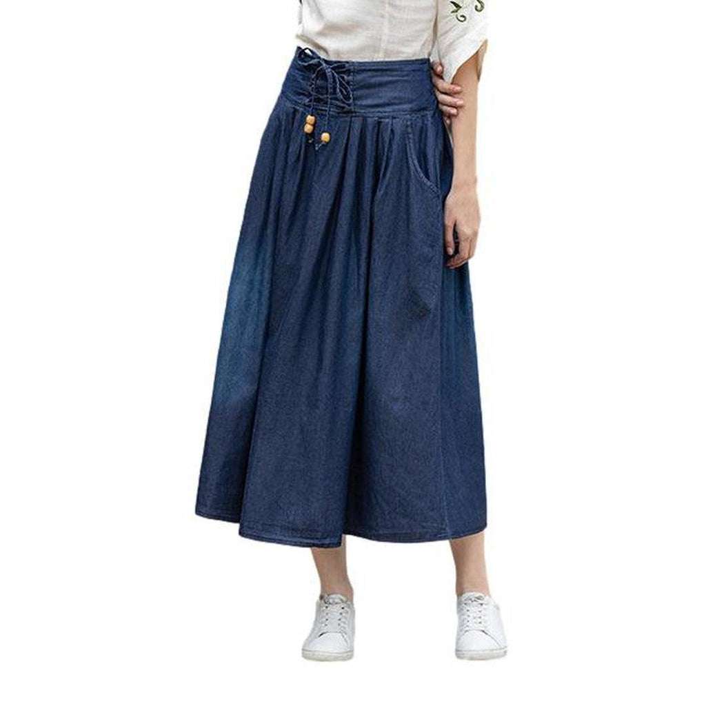 High-waisted long denim skirt